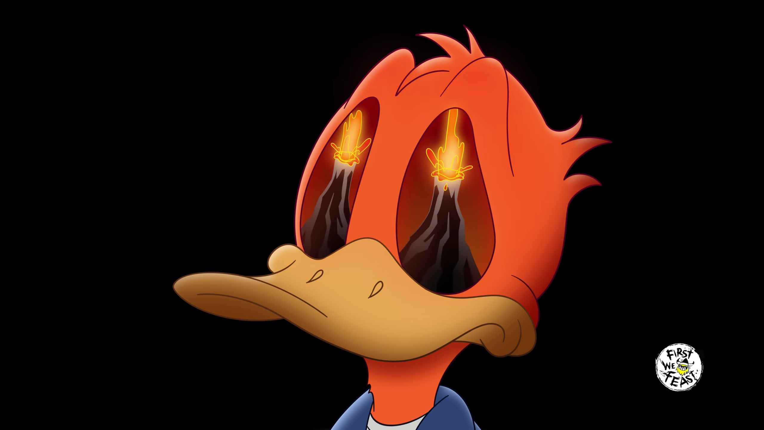 Donald Duck's eyes have volcanoes showing.