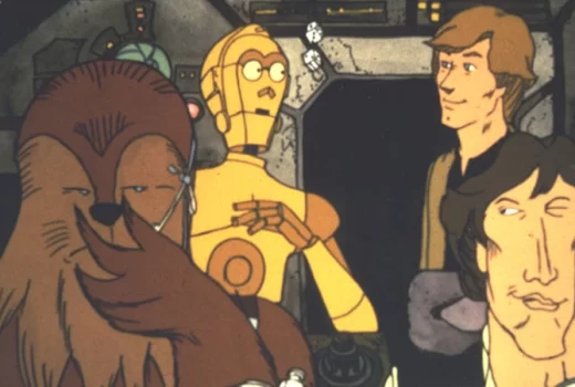 Cartoons of a wookie, droid, and two men.