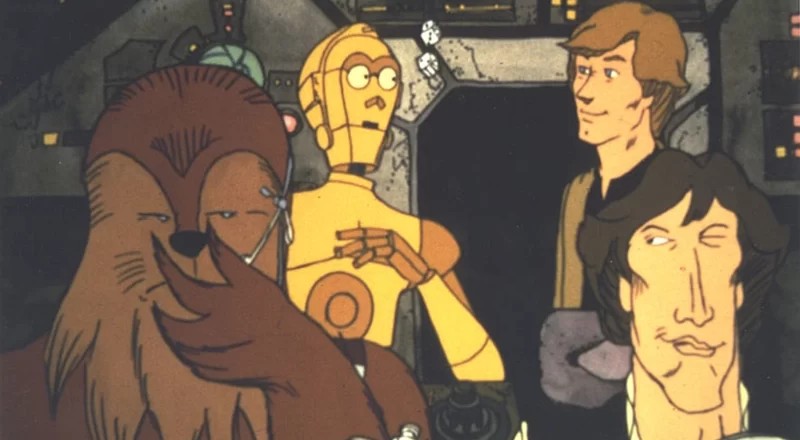 Cartoons of a wookie, droid, and two men.