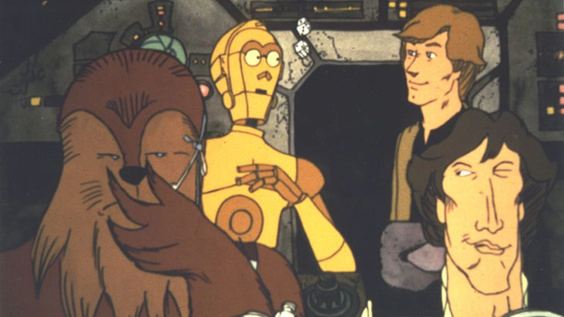 Cartoons of a wookie, droid, and two men.
