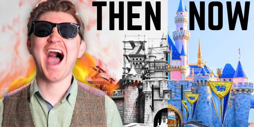 The words "then" and "now", above an image of the Disneyland castle. A man with glasses sings exuberantly.