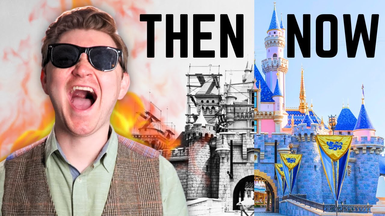 The words "then" and "now", above an image of the Disneyland castle. A man with glasses sings exuberantly.