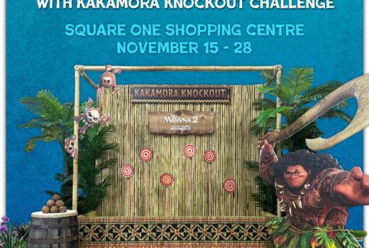 Graphic reading "The Disney Moana 2 Experience with Kakamora Knockout Challenge, Square One Shopping Centre, November 15-28", and showing a target game with a tropical them. A cut-out of Maui appears to the right.