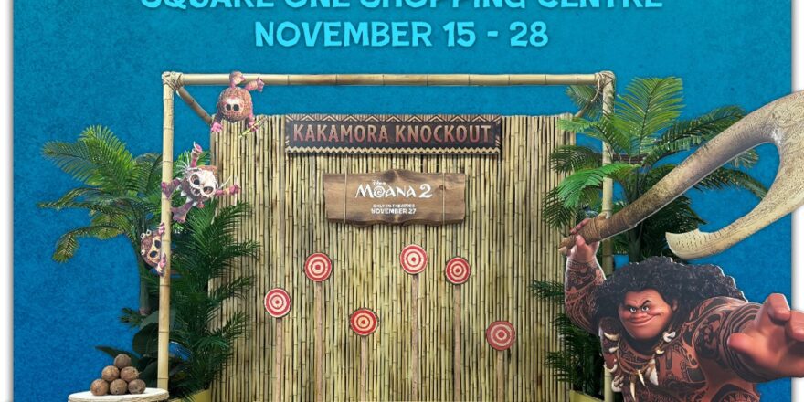 Graphic reading "The Disney Moana 2 Experience with Kakamora Knockout Challenge, Square One Shopping Centre, November 15-28", and showing a target game with a tropical them. A cut-out of Maui appears to the right.