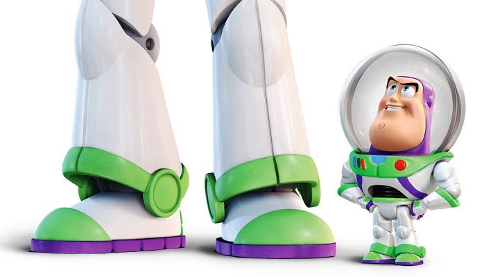 A small version of spaceman toy Buzz Lightyear, looking at the full-size version's legs.