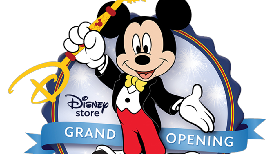 Mickey holds a key above his head. The words "Grand opening, Disney Store" appear.