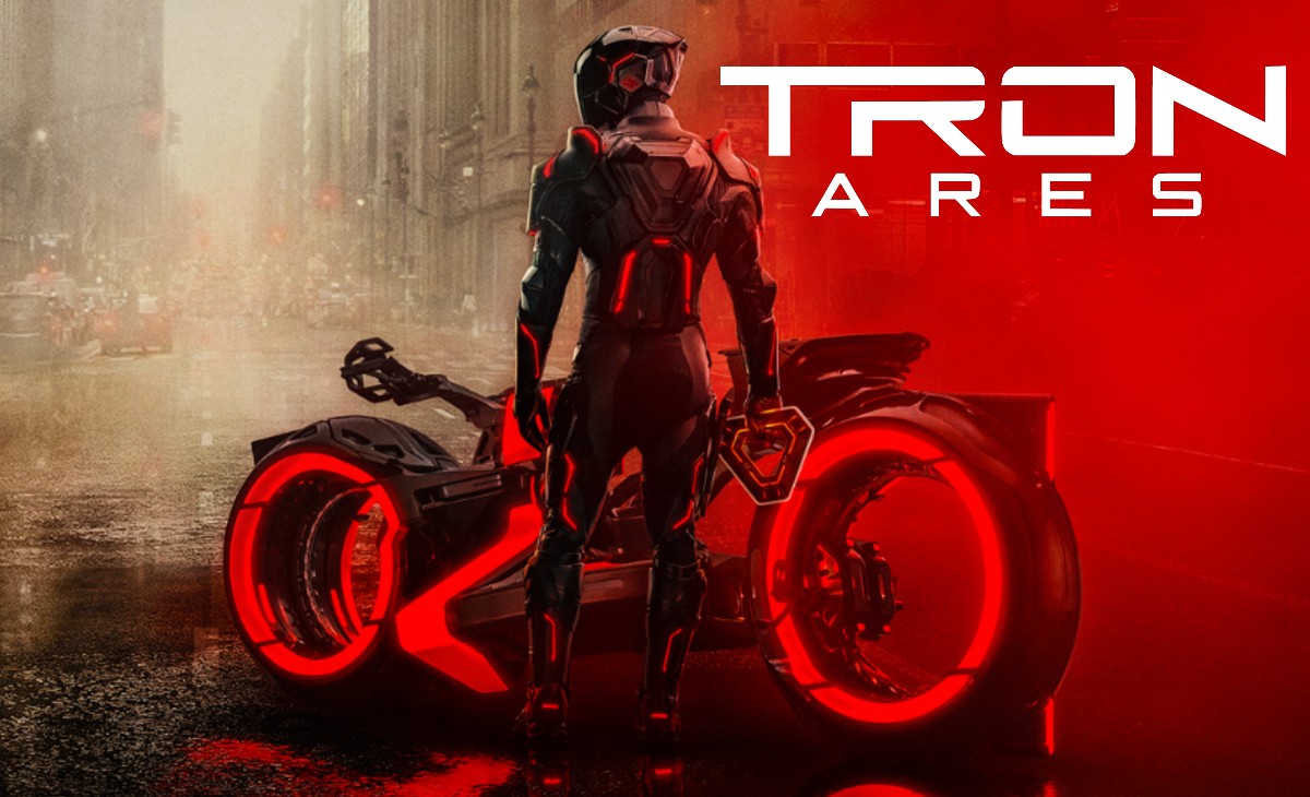 Text "Tron Ares", and a motorcycle in the real world with an armored person.