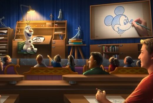 A darkened theatre with benches, showing a snowman at an animator's desk.