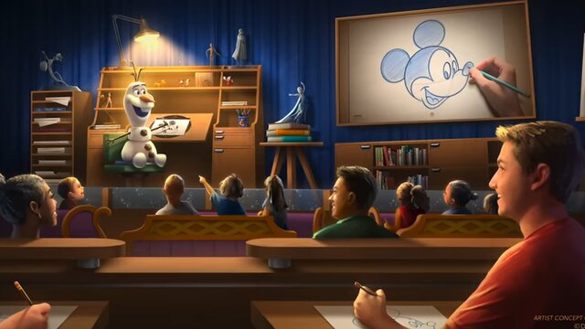 A darkened theatre with benches, showing a snowman at an animator's desk.