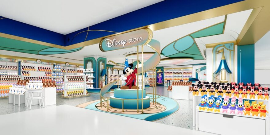 Computer rendering of the interior of a store with Sorcerer Mickey in the middle.