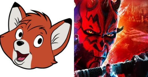 A cartoon fox's head, and a devil-like character with a lightsabre.