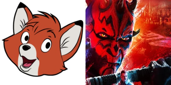 A cartoon fox's head, and a devil-like character with a lightsabre.