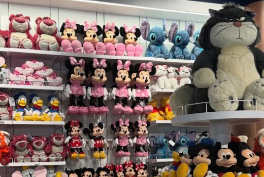 Plush toys in a store, featuring an angry fat cat.