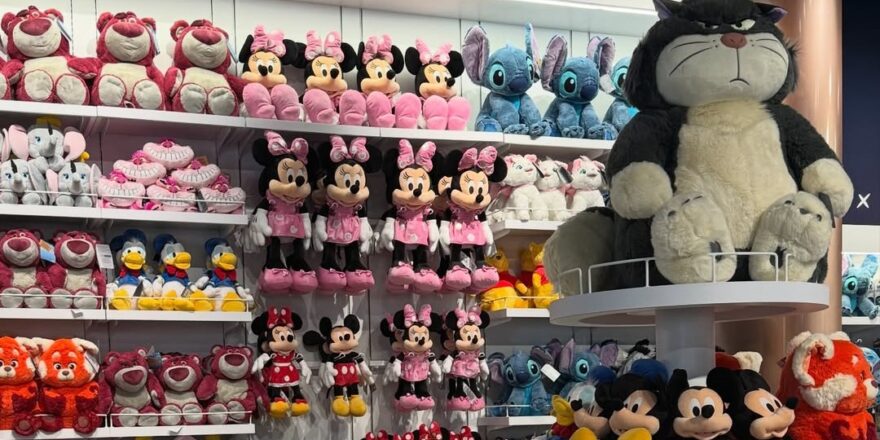 Plush toys in a store, featuring an angry fat cat.