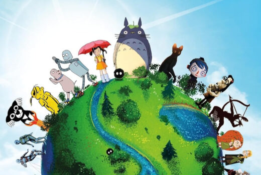 A globe surrounded by numerous animated characters in various