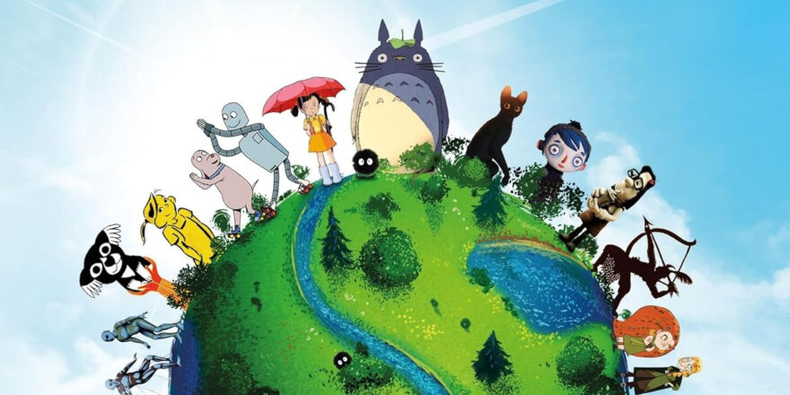 A globe surrounded by numerous animated characters in various