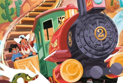 Cartoon illustration of two boys riding an out-of-control mining train.
