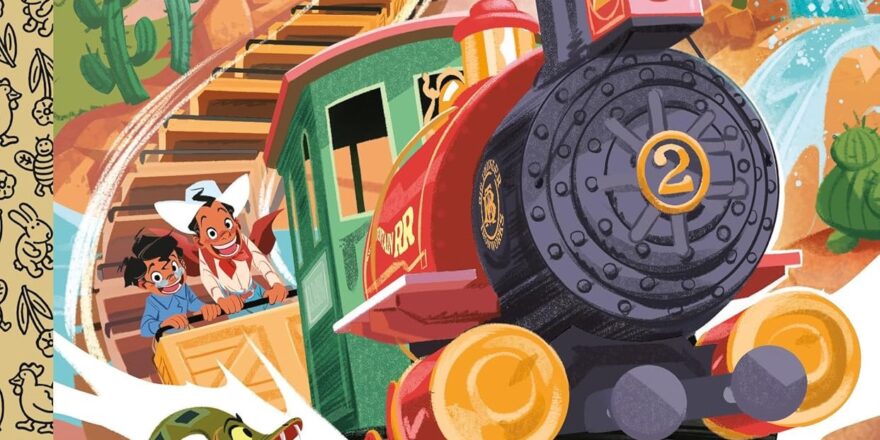 Cartoon illustration of two boys riding an out-of-control mining train.