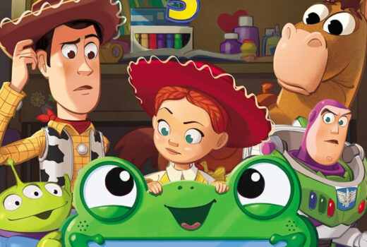 Crop of the cover showing Woody, Jessie, Buzz, Bullseye, an alien, and Lilypad.