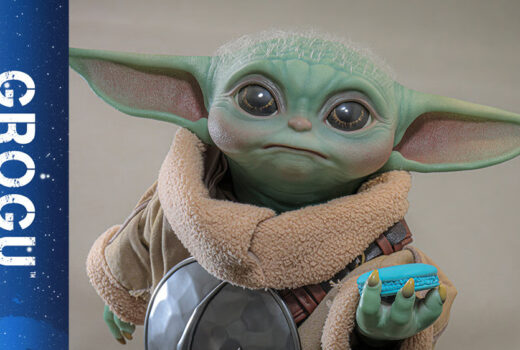 The word Grogu on blue, followed by an image of the green and eared alien toy itself.