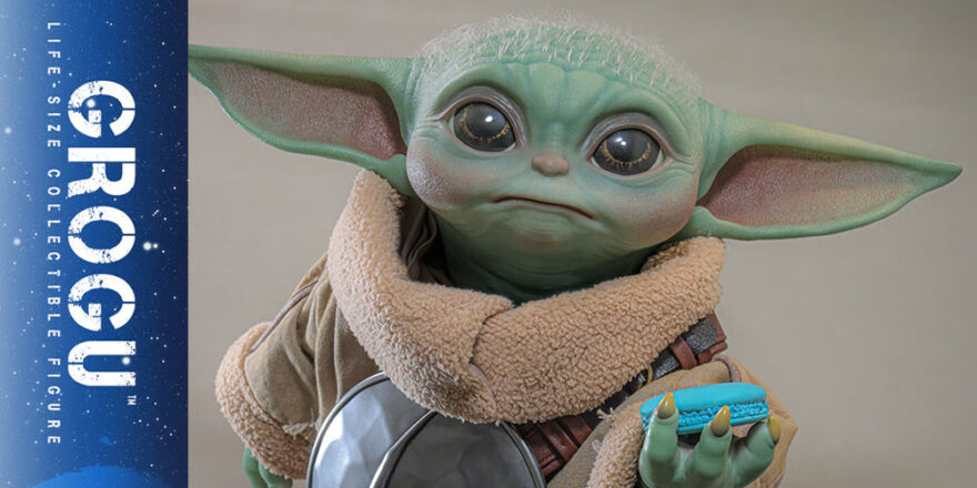 The word Grogu on blue, followed by an image of the green and eared alien toy itself.
