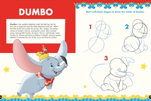 A two-page spread showing how to draw Dumbo from simple shapes.