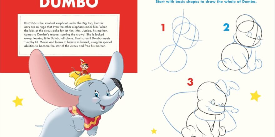 A two-page spread showing how to draw Dumbo from simple shapes.