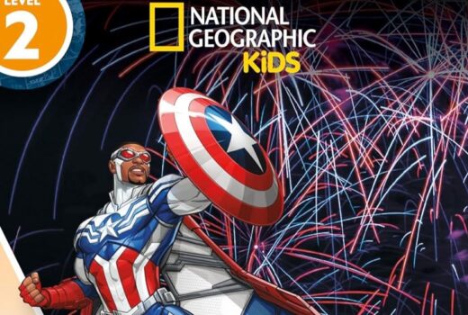 The number two and words National Geographic Kids, with the NatGeo box graphic, appear above Captain America and fireworks.
