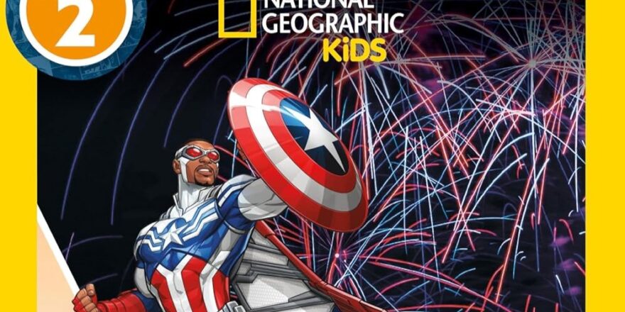 The number two and words National Geographic Kids, with the NatGeo box graphic, appear above Captain America and fireworks.