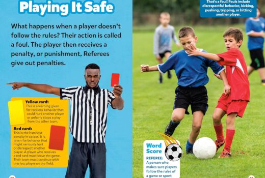 Two pages of a book titled Playing it Safe. Images and text include a referee showing a red card, and two boys amid a foul of one hitting another in the face.