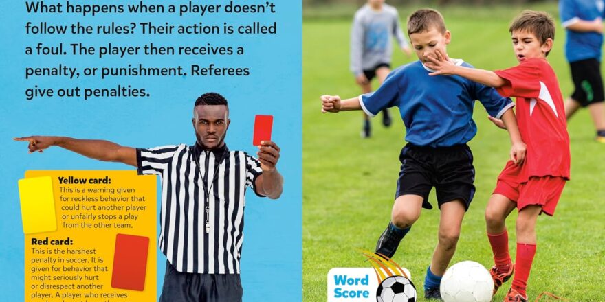 Two pages of a book titled Playing it Safe. Images and text include a referee showing a red card, and two boys amid a foul of one hitting another in the face.