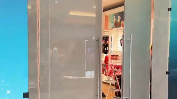 A glimpse of a store, seen between two doors.