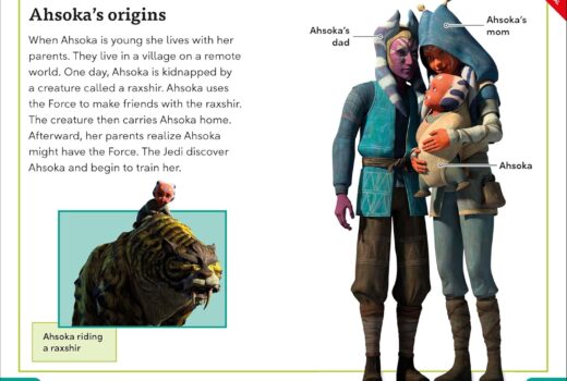 A two-page spread showing the title Ahsoka's origins, and her mother and father with baby Ahsoka.