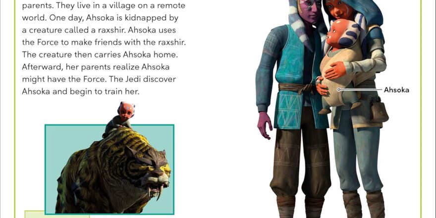 A two-page spread showing the title Ahsoka's origins, and her mother and father with baby Ahsoka.