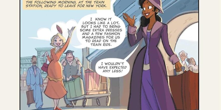 Lottie waves bye to Tiana in a comic panel.