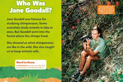 Two page spread from a book, reading Who Was Jane Goodall and showing a picture of her sitting on a hill with binoculars.