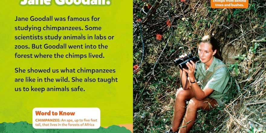 Two page spread from a book, reading Who Was Jane Goodall and showing a picture of her sitting on a hill with binoculars.