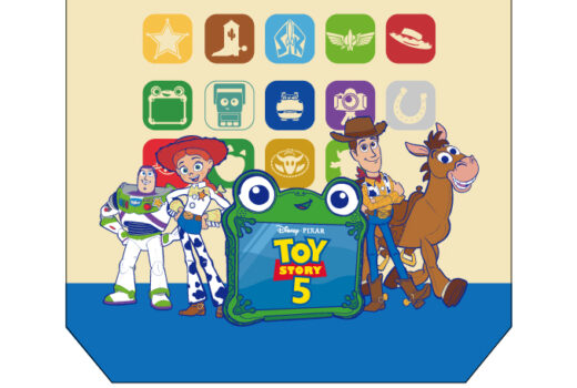 Buzz, Jessie, Lilypad, Woody, and Bullseye stand together, with a pattern of app buttons in behind.