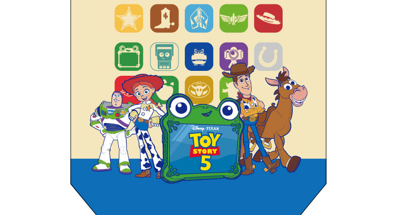 Buzz, Jessie, Lilypad, Woody, and Bullseye stand together, with a pattern of app buttons in behind.