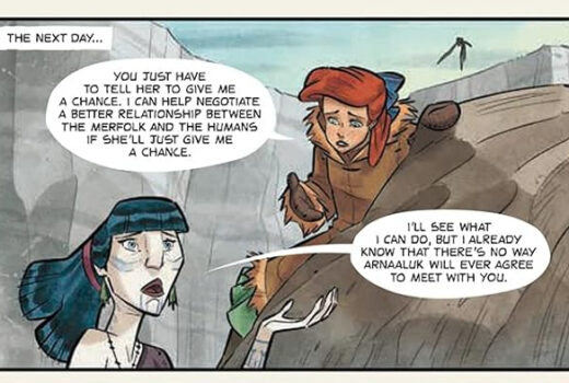 A pale, blue and white memaid and Ariel, in a coat, talk to each other with an amount of immediacy and concern.