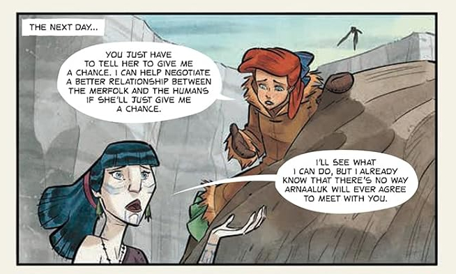 A pale, blue and white memaid and Ariel, in a coat, talk to each other with an amount of immediacy and concern.