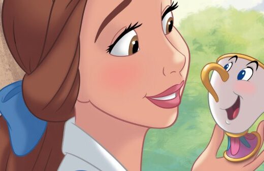 A cartoon woman, Belle, holds a smiling tea cup, Chip.