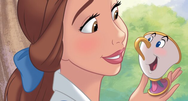 A cartoon woman, Belle, holds a smiling tea cup, Chip.