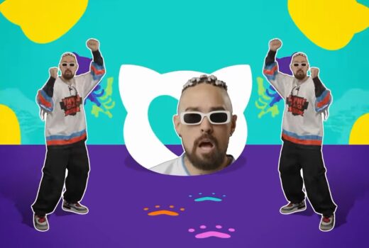 A man dances twice in one image, and his head appears large in the middle, overlapping a cat head.