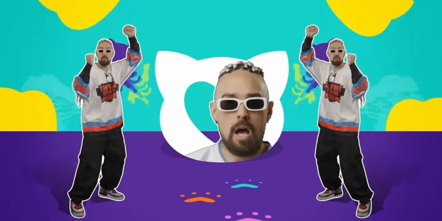 A man dances twice in one image, and his head appears large in the middle, overlapping a cat head.
