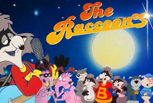 A boy raccoon appears in the front left. Lots of other characters appear small. The words The Raccoons appear above a moon.