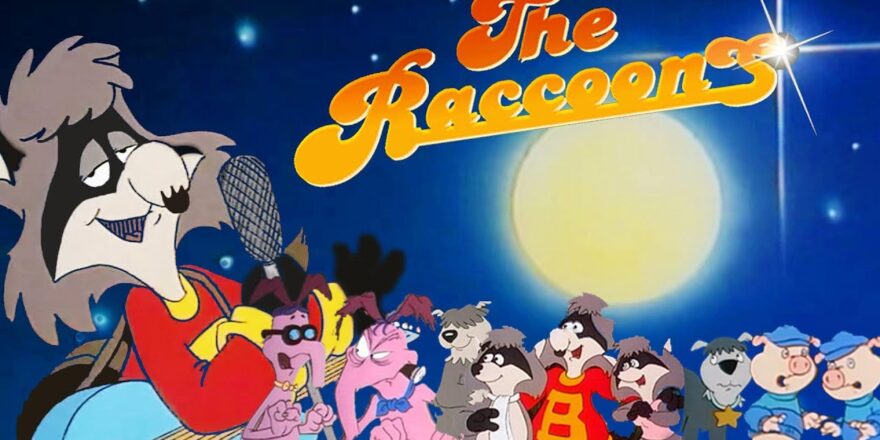 A boy raccoon appears in the front left. Lots of other characters appear small. The words The Raccoons appear above a moon.