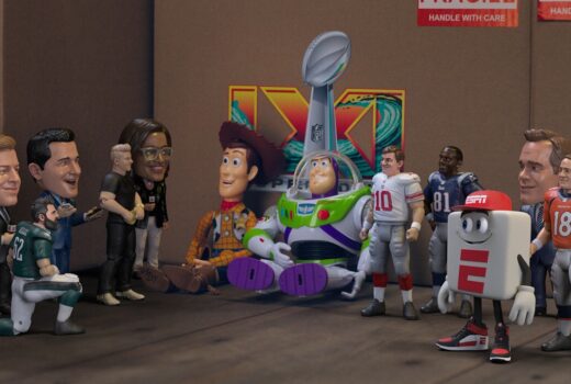 Animated characters meant to look like action figures of ESPN hosts surround Buzz and Woody in the back of a van.