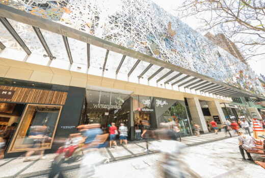Exterior of a high density mall with a shopping centre.