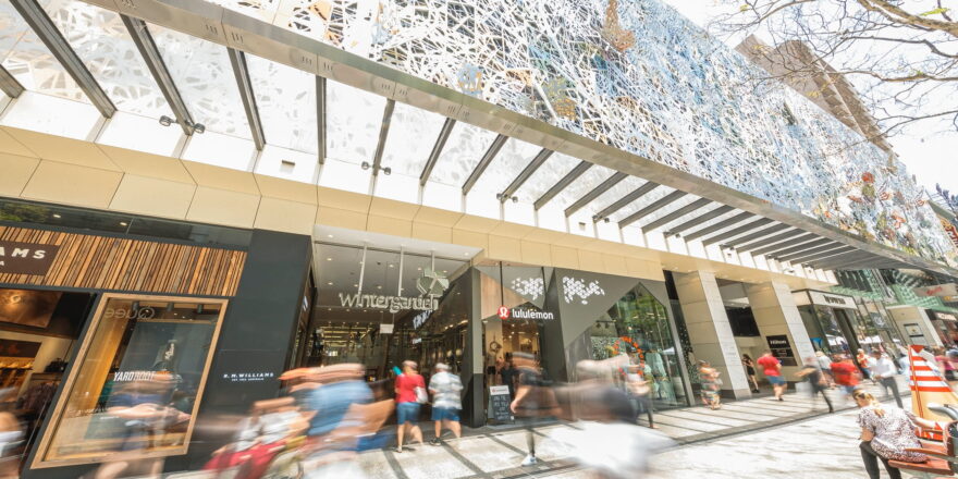 Exterior of a high density mall with a shopping centre.